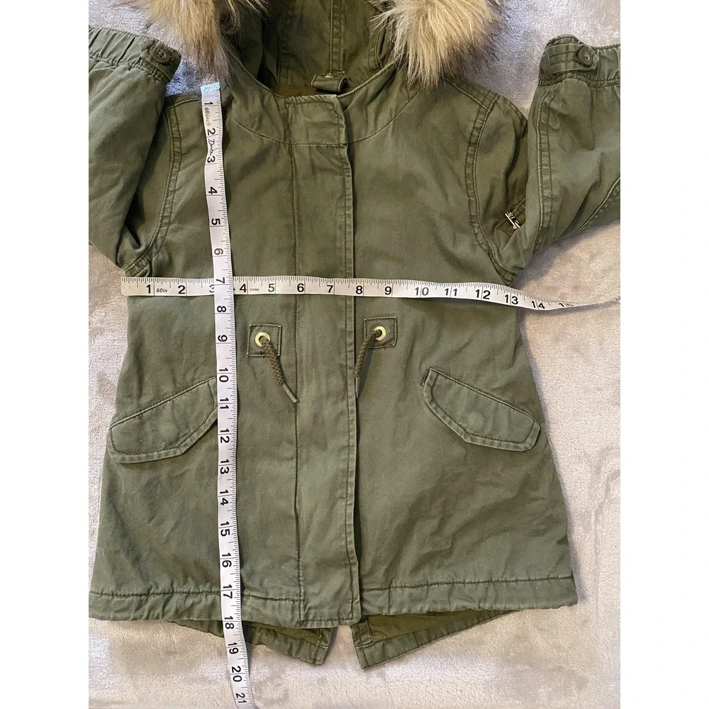 Gap Parka Coat Toddler Girls 2T Green Faux Fur Hood Canvas Lined Zip Pockets‎